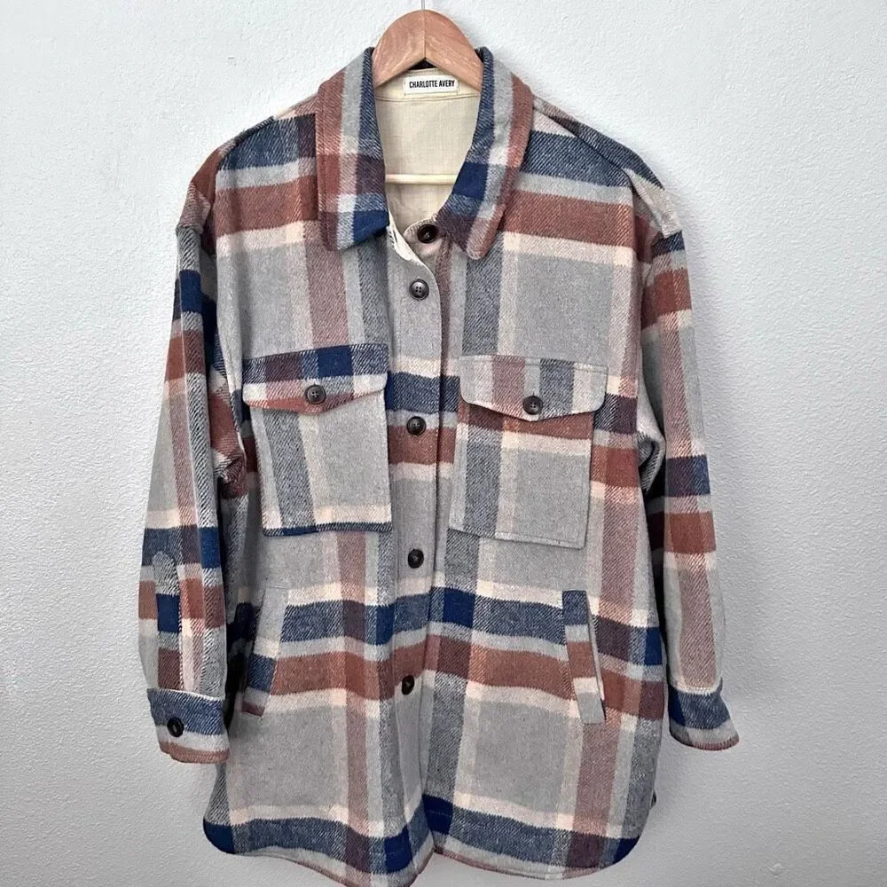 CHARLOTTE AVERY | Navy Blue Tan Plaid  Oversized Shacket Jacket | Medium